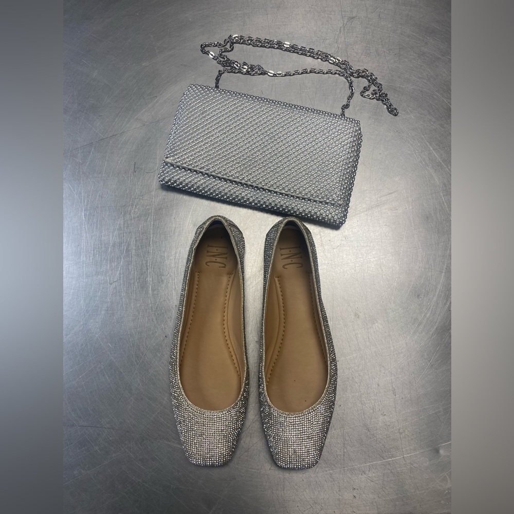 Set INC Sz 7 Champagne Crystal Flats Journey Hoco Sparkle and Cocktail Clutch